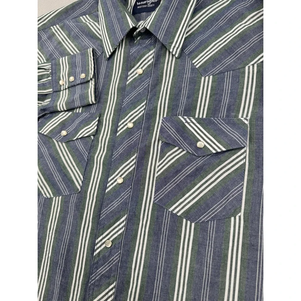 Wrangler Pearl Snap Western Shirt Mens XL 17x35 Striped Blue/Green Long Sleeve
